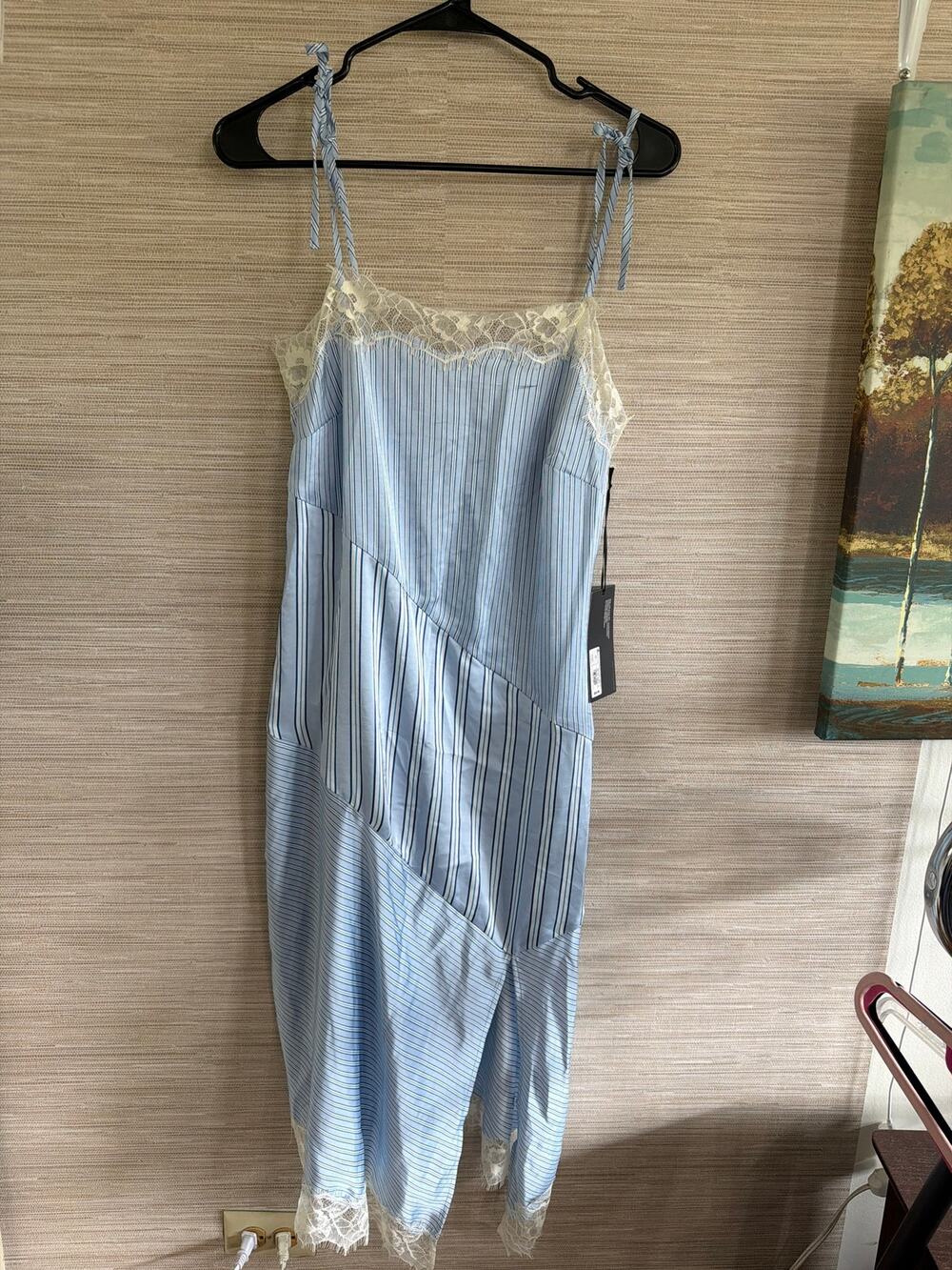 Future Collective Light Blue/ White Striped cami slip dress w/ lace trim XS NWT